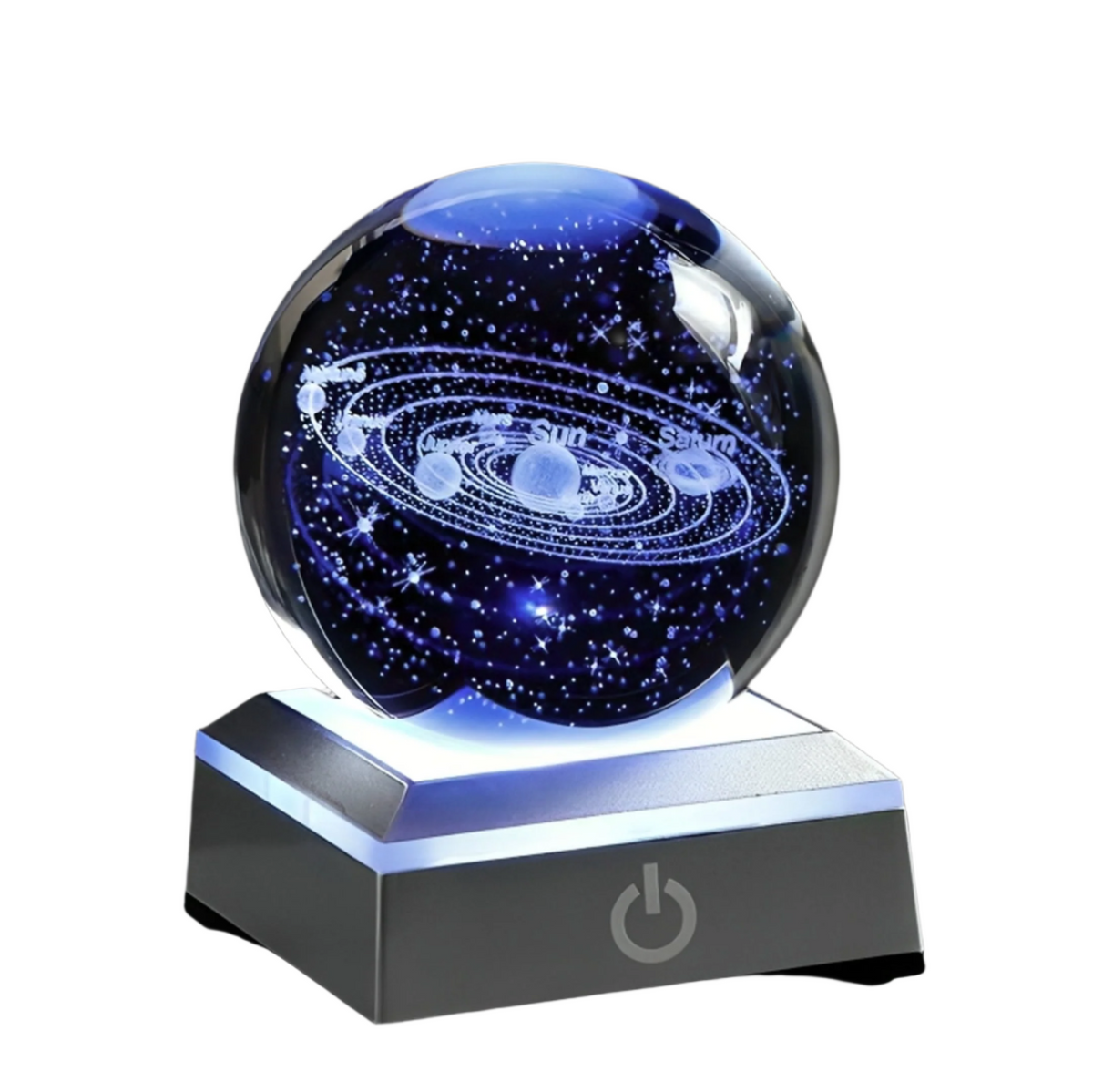 LumiSphere - 3D Gegraveerde Zonnestelsel Kristallen Bol met LED Voetstuk