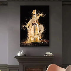 LuxeVibe - Abstract Canvas Schilderij van Gouden Champagnefles