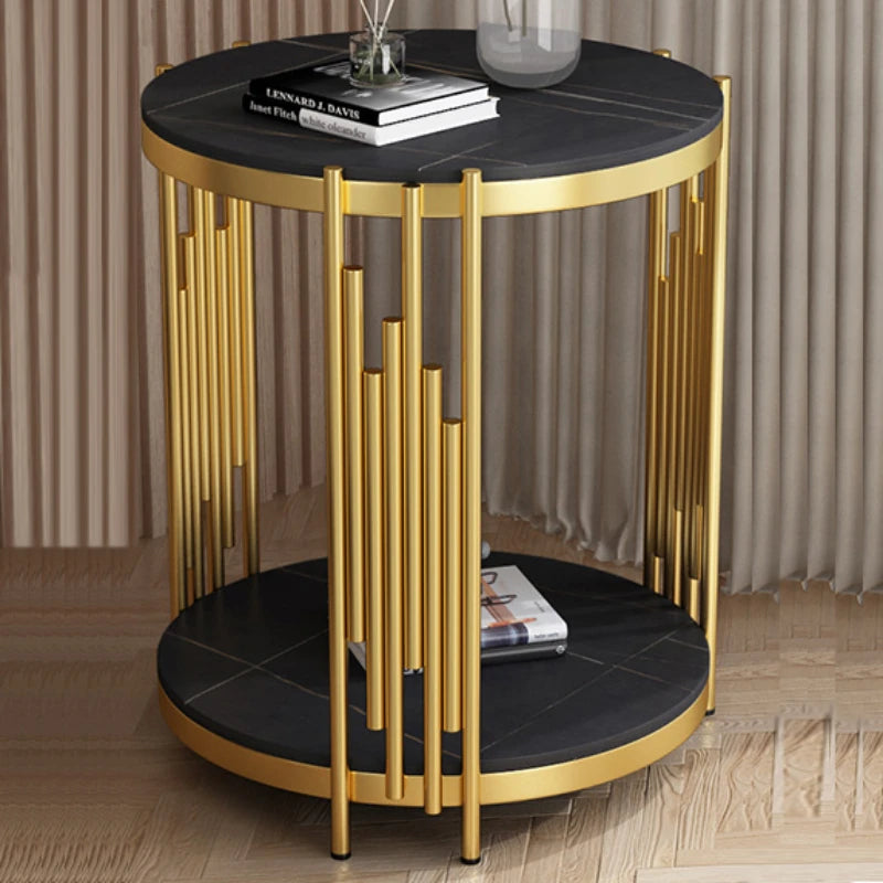 LuxeGlide - Zwarte en Gouden Moderne Ronde Salontafel met Opslag
