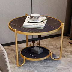 LuxeGlide - Zwarte en Gouden Moderne Ronde Salontafel met Opslag