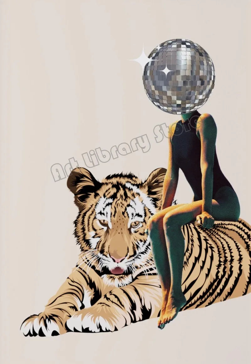 DiscoVibe - Retro Disco Bal Tijger Meisje Canvas Poster