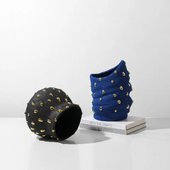 Polka Luxe - Artistieke Keramische Vaas met Gouden Kralen