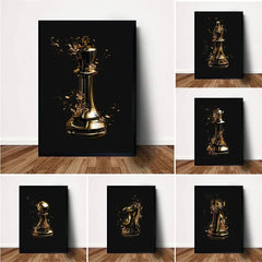 ChessArt - Vintage 3D Gouden Schaakstukken Poster