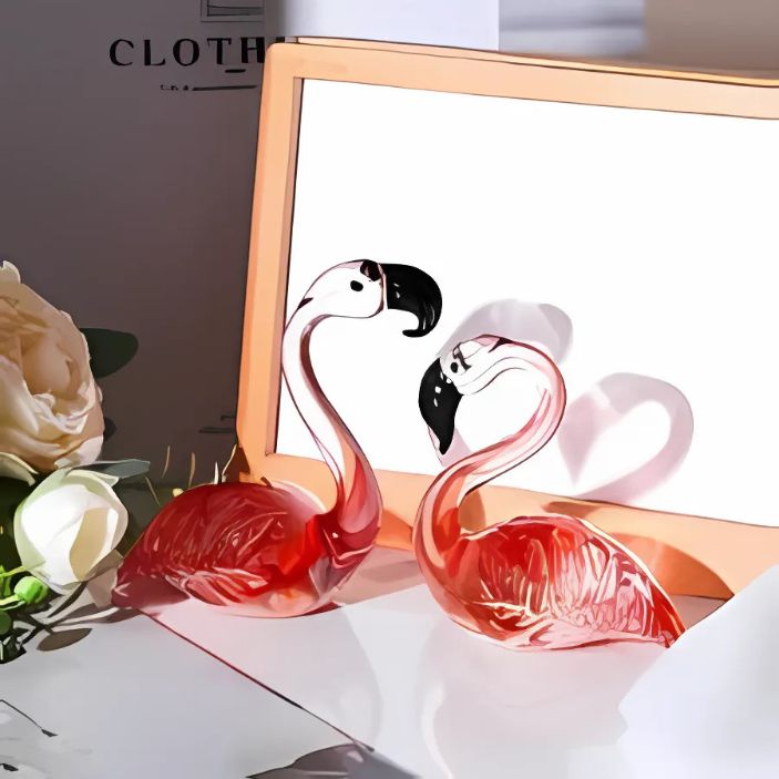 Liefdesduo - Elegante Glazen Flamingo Beeldjes